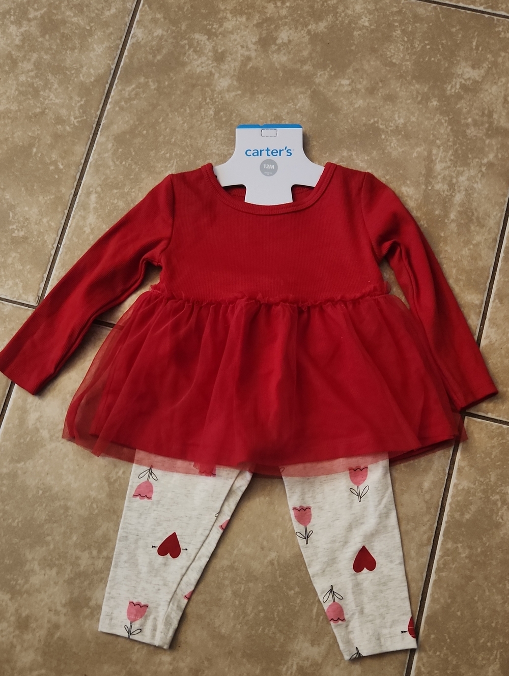 Carter's Red Tulle Tunic Top with Cream Floral Heart Leggings